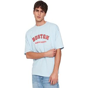 Trendyol Heren Blauw Oversize Bicycle Collar Short Sleeve Bedrukt T-shirt, S