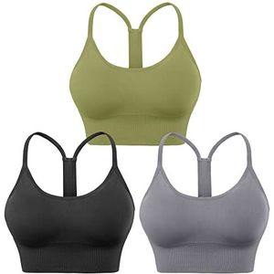 Evercute Sin Costuras Sportbeha voor dames, ondoorzichtig, Zwart Grijs Olijfgroen 3pack, L