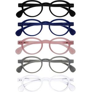 OPULIZE OCA Leesbrillen - 5-Pack - Modern Retro Rond Montuur - Zwart, Blauw, Roze, Grijs, Wit - Heren Dames - Veerscharnieren - RRRRR54-1347W - +2.00