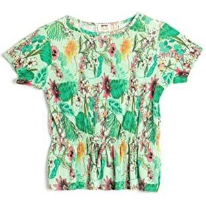 Koton Girls Floral T-shirt met trekkoord, korte mouwen, ronde kraag, Groen design (7d6), 5-6 Jaar