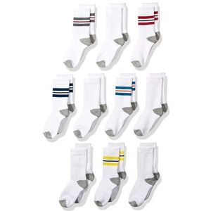 Amazon Essentials 10-pack Katoen Varsity Crew Sok Casual Kleur Streep/Wit met Grijze Heide Hak, Wit met Kleurstreep/Wit met Grijze Heatherhak, Teen, Small