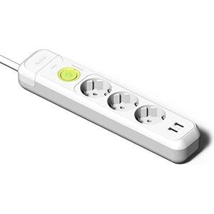 FAMATEL Stekkerdoos 3-voudig + 2 USB-stopcontacten + schakelaar, 1,5 m kabel, met TT, 16 A, 250 V, wit, USB snellaadstopcontact, overspanningsbeveiliging