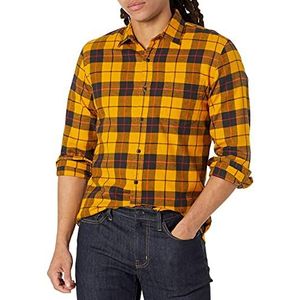 Amazon Essentials Men's Geruit flanellen overhemd met lange mouwen en slanke pasvorm (kleuren in beperkte oplage), Zwart Geel Plaid, S
