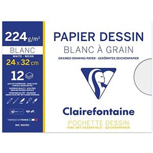 Clairefontaine - Ref 96176C - Korrelig tekenpapier (pak van 12 vellen) - 24 x 32 cm formaat, 224 g/m² papier, zuurvrij - lichtkorrelzijde en zware nerfzijde - wit
