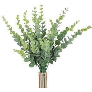 LinTimes 4 stuks (28 vorken) kunstmatige eucalyptus kunstplant in groen voor bruiloftsdecoratie, zilveren dollar eucalyptus voor feestdecoraties, tuin, huis, kantoor, indoor outdoor decoratie