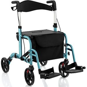 COSTWAY Rollator opvouwbaar en licht met zitting, 2-in-1 rolstoel & reiserollator, lichtgewicht, loophulp, 6-voudig in hoogte verstelbaar, loopwagen met tas, remmen en stokhouder, aluminium (blauw)