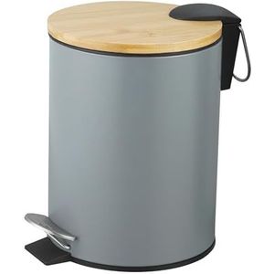 Amig - Badkamercontainer met pedaal 3 liter mod. Naturline - grijs en bamboe - hygiënische handloze opening - Ø 16,8 x 23 cm - gelakt roestvrij staal - ronde vuilnisbak met deksel