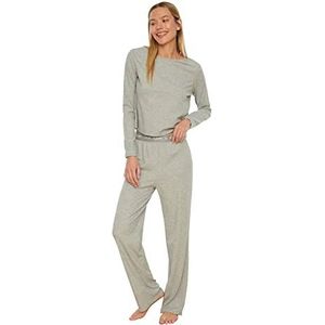 Trendyol Gray Rubber Gedetailleerde gebreide pyjama's, complete set voor dames, Grijs, L