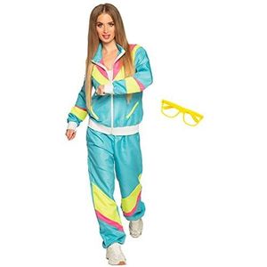 Boland - Partyset voor dames, blauw-geel, jaren 80 trainingspak en partybril, badknop, kostuum, carnaval, themafeest