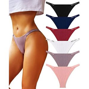 FINETOO Dames ondergoed katoen hoog uitgesneden string bikini slipje laagbouw hipster dames sexy brutaal ondergoed 6 Pack, Pack 6a, M