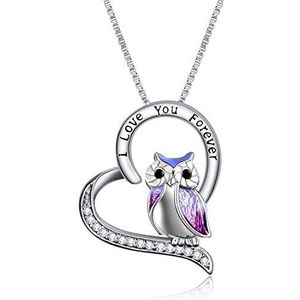 YFN Uil ketting sterling zilver I Love You Forever hart uil geschenken voor vrouwen meisjes (paarse uil ketting), Emaille
