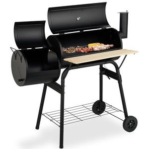 Relaxdays smoker barbecue, houtskoolbarbecue met deksel, houten plank, bbq op 2 wielen, thermometer, staal, zwart-natuur
