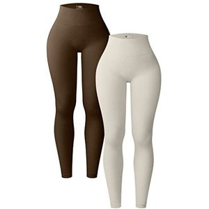 OQQ Vrouwen 2-delige Yoga Leggings Geribbelde Naadloze Workout Hoge Taille Atletische Broek, Koffie Beige, S