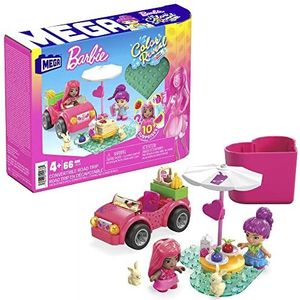 MEGA HKF90 - Barbie Color Reveal bouwspeelgoed, ombouwbare reis met 2 Barbie poppetjes, accessoires, 2 dieren, kleurverandering en 10 verrassingen, bouwspeelgoed voor kinderen vanaf 4 jaar.