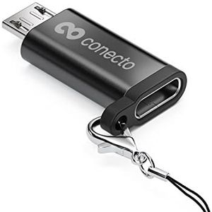 conecto, Micro USB naar USB-C adapter, OTG-ondersteuning, compatibel met Apple-apparaten, perfect voor e-bikes, incl. lus/karabijnhaak, aluminium behuizing, zwart, set van 2