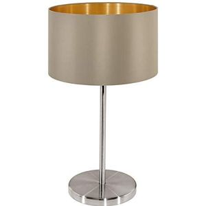 EGLO Tafellamp Maserlo, 1-lichts textiel tafellamp, bedlampje van staal en stof, kleur: nikkel mat, taupe, goud, fitting: E27, incl. schakelaar