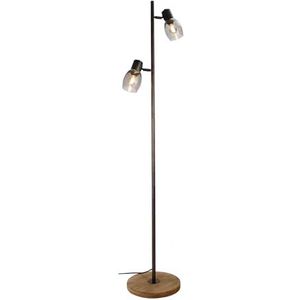 Chericoni Sylvie staande lamp - 2 lampen - zwart staal met vintage hout en rookglas
