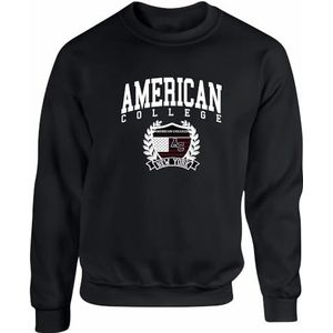 American College sweatshirt met ronde hals, zwart, heren, maat L, model AC6, 100% katoen, Zwart, L/Tall