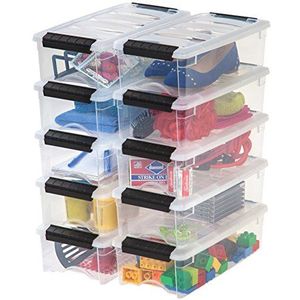 IRIS USA 5 Qt. Plastic Storage Bin Tote Organizing Container met duurzaam deksel en veilige vergrendelende gespen, stapelbaar en nestbaar, 10 Pack, helder met zwarte gesp