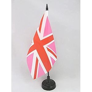 Union Jack Pink Table Vlag 14x21 cm - roze UK - United Kingfom Desk Vlag 21 x 14 cm - zwarte plastic stok en voet - AZ FLAG