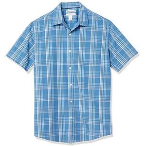 Amazon Essentials Men's Poplin overhemd met normale pasvorm en korte mouwen, Aquablauw Geruit, M