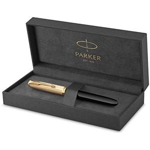 Parker 51 Deluxe vulpen, zwarte behuizing en gouden attributen, fijne veer van 18 karaat goud, zwarte inktcartridge, levering in doos