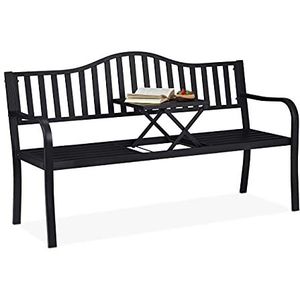 Relaxdays Tuinbank met inklapbare tafel, 3-zits, stabiel, tuin, metalen balkonbank, 89 x 150 x 58,5 cm (h x b x d), zwart