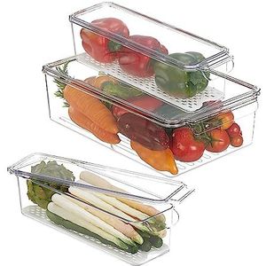 Relaxdays koelkast organizer, set van 3, 2 groottes, opbergbakjes met deksel, koelkastbakje, ijskast, transparant/wit