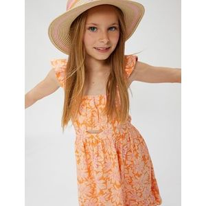 Koton Linen Midi-bloemenprint, mouwloos, ruffle cut out detailjurk, Oranje Design (19e), 6-7 jaar