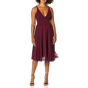 Dress the Population Alicia Mouwloze midi-jurk met diepe V-hals, mix van materialen, uitlopend model, Bourgondy, S