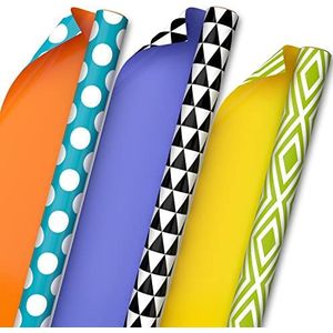 Hallmark Alle gelegenheden Omkeerbare Inpakpapierbundel - Solids & Dots, Diamanten, Driehoeken (3 Rolls; 75 sq. ft. ttl) Geel, Oranje, Blauw, Zwart en Wit