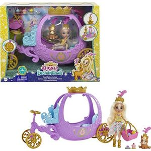 Royal Enchantimals Koninklijke Prinsessenkoets Speelset (20,5 cm) met Peola Pony (pop, 15 cm) en haar dierenvriendje Petite, 7 accessoires en draaiende wielen, voor kinderen van 3 – 8 jaar