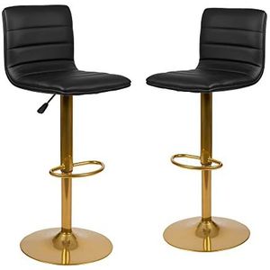 Flash Furniture Vincent Moderne zwarte vinyl verstelbare barkruk met rug, draaibare kruk in toonhoogte met gouden sokkel basis, set van 2