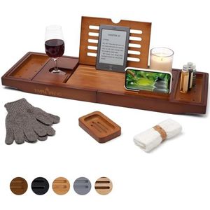 Temple Spring - Badkuiprek bamboe met kaarsen-, wijnglas, boeken-, tablet-, iPad- en telefoonhouder. Uitschuifbaar badkuipplateau van hout, Bathtub Tray 100% Bamboe - Bruin