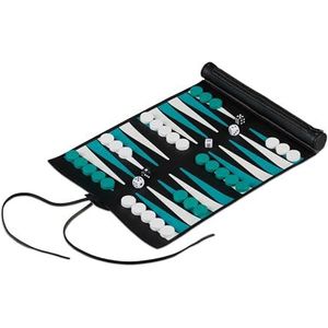 Relaxdays backgammon reiseditie, oprolbaar, met speelstenen, BxD: 30 x 24,5 cm, kunstleer, zwar-turquoise