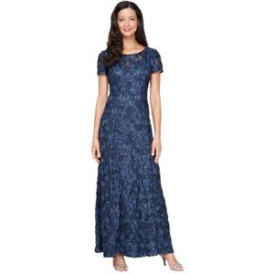 Alex Evenings Women's Regular Long Rosette Mother of The Bride Dress with Short Sleeves, Formal Gown, Wedding Guest, Navy, 10