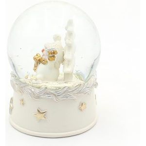 Dekohelden24 Sneeuwbol sneeuwpop accenten op witte sokkel met gouden sterren, L/B/H/Ø bal 6,5 x 6,5 x 9 cm Ø 6,5 cm, 9 cm