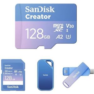 SanDisk Creator Series - Starter Kit (Inclusief: microSD 128 GB, SD-kaart, Phone Drive, USB-C Flash Drive 256 GB, Pro Portable NVMe SSD 1 TB)