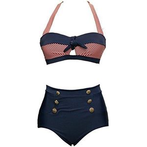 bslingerie® Ladies Retro Vintage Push Up High Waisted Bikini Swimsuit Plus Size (XXL, Red Striped Keyhole)
