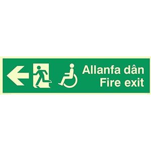 Viking Signs SD1001-L61-PV Disability ""Allanfa Dan/Fire Exit"" Sign, Pijl links, Foto luminescent Sticker, 150 mm H x 600 mm W