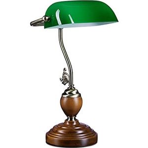Relaxdays bankierslamp groen, houten voet, bibliotheeklamp, retro, messing look, E27, 26,5 x 43 x 18 cm, groen