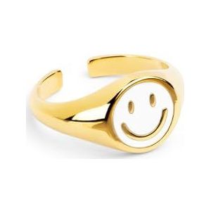 SINGULARU - Smiley White Enamel Ring. Messing met 18Kt Goud Plating. Verstelbaar. Sieraden voor Vrouwen