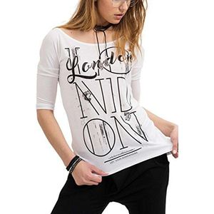 trueprodigy London Let'S Go shirt voor dames met print lange mouwen u-hals vrouwen casual vrije tijd top modieus longsleeve met opdruck u-neck tee slim fit kleding, Kleur:Wit, Maat:XS