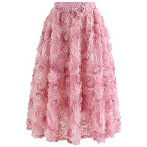 CHICWISH Dames karamel/stoffig blauw/wit/zwart 3D Posy dubbellaagse mesh midi-rok, Roze-3d Mesh Rose, L