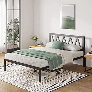 Metalen bedframe met houten lattensteun voor slaapkamer, zwart, single