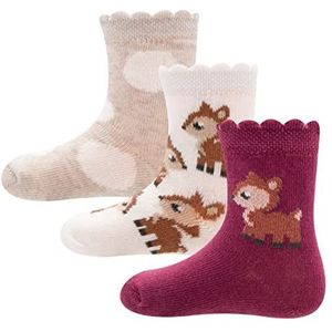 Ewers Reeki-sokken, meerkleurige hertensokken voor meisjes en jongens, katoen, made in Europe, meisjessokken, jongenssokken, kindersokken, 3 stuks, beige/rood., 27-30
