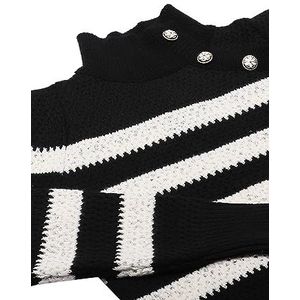 faina Dames gestreepte gebreide trui met halfhoge kraag en diagonale knoop zwart maat XS/S, zwart, XS