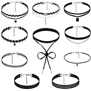Choker-halskettingen, set van 10 stuks, stretch, voor tienermeisjes, dames, fluweel, zwart, 28 + 7 cm