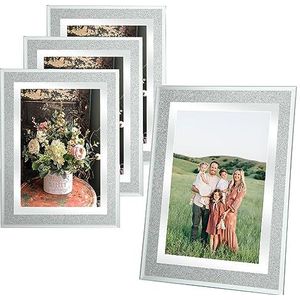 ASelected 6X4 glazen fotolijsten voor trouwfoto's,familiefoto's en huisdecoratie, vrijstaand en wandmonteerbaar, 4 stuks portret of landschapsdisplay, zilver