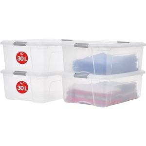 Iris Ohyama, Set van 4 plastic opbergdozen met deksel, Grote stapelbare opbergdozen, 30L, BPA vrij, Wasserij, Transparant/zilveren handgrepen, B39.5 x D58 x H20.5 cm